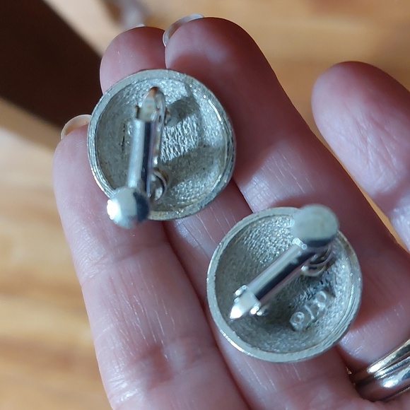 Vintage Textured Silvertone With Gold Screwback Button Earrings - Picture 4 of 4